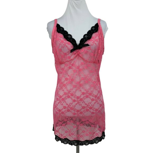 Seven 'Til Midnight Teddy Women's One Size See Through Pink Black Lace Chemise - Picture 2 of 11